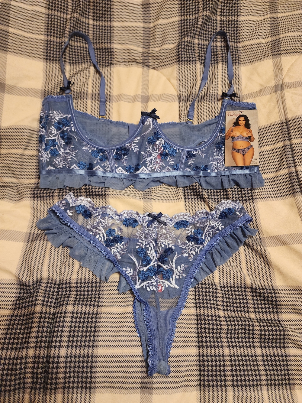 Sheer Floral Embroidered Blue Lingerie Set with Ruffle Trim